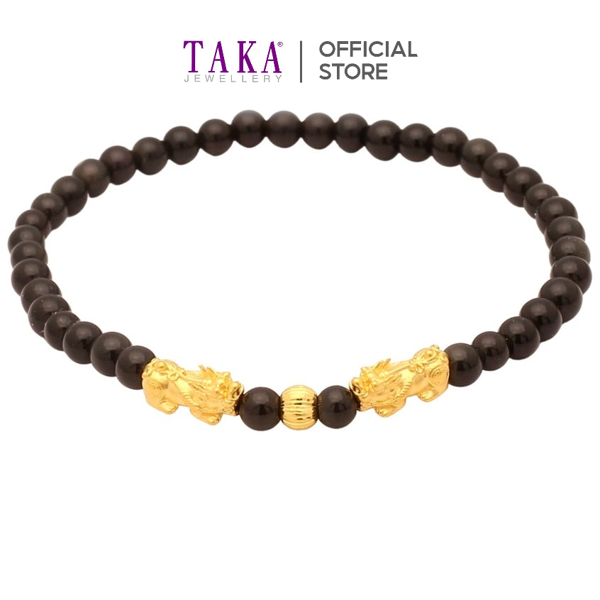 TAKA Jewellery 999 Pure Gold Ball with Double Pixiu Beads Bracelet