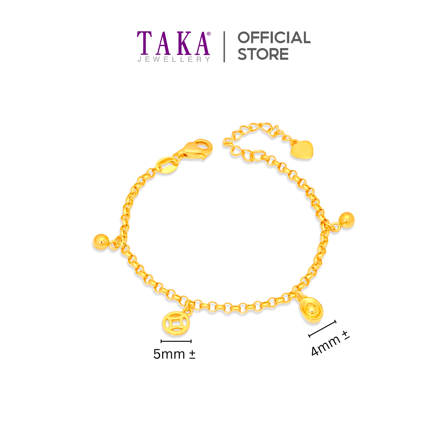 TAKA Jewellery 916 Gold Baby Bracelet with Hanging Ingot and Gold Coin