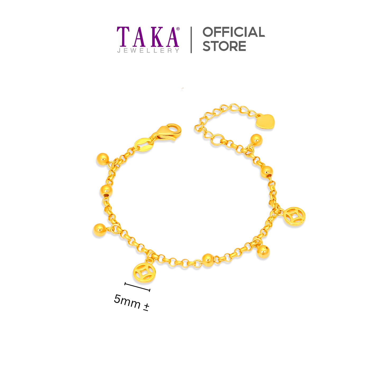 TAKA Jewellery 916 Gold Baby Bracelet Hanging with Gold Coins