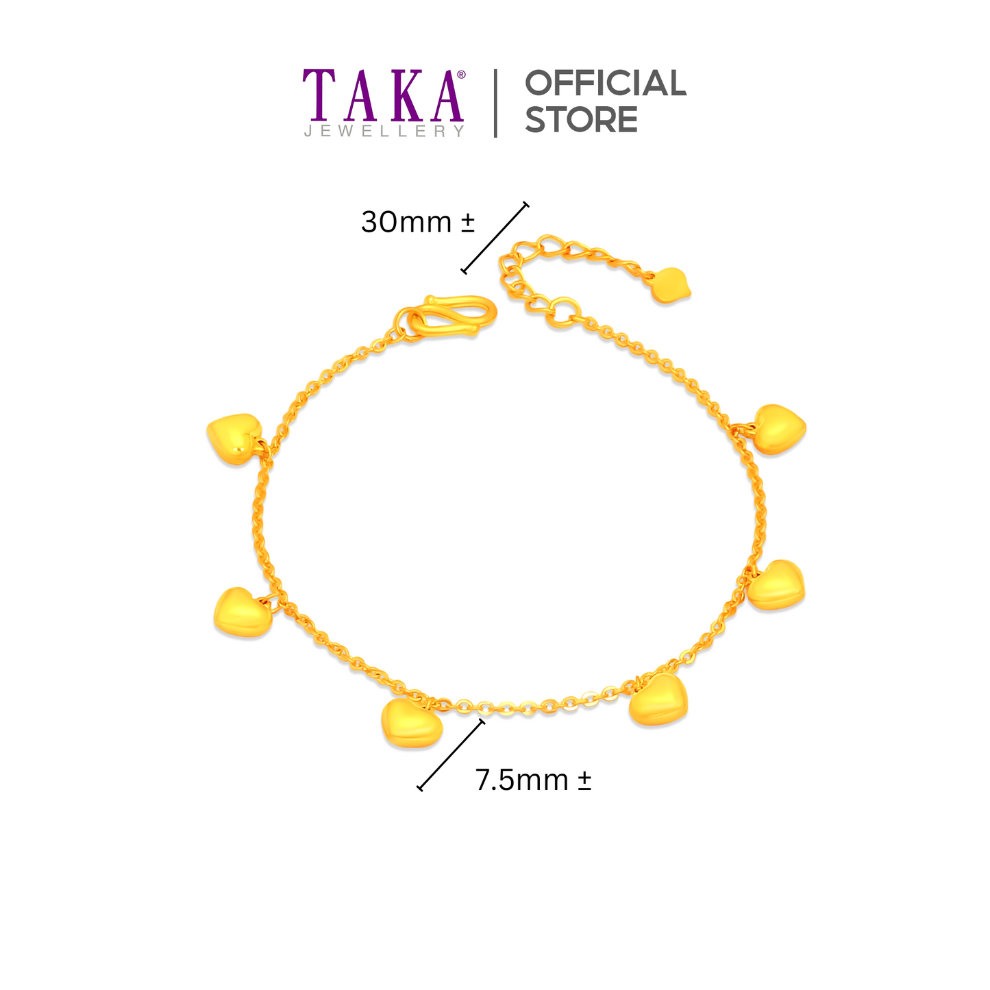 TAKA Jewellery 999 Pure Gold Dangling Heart Bracelet
